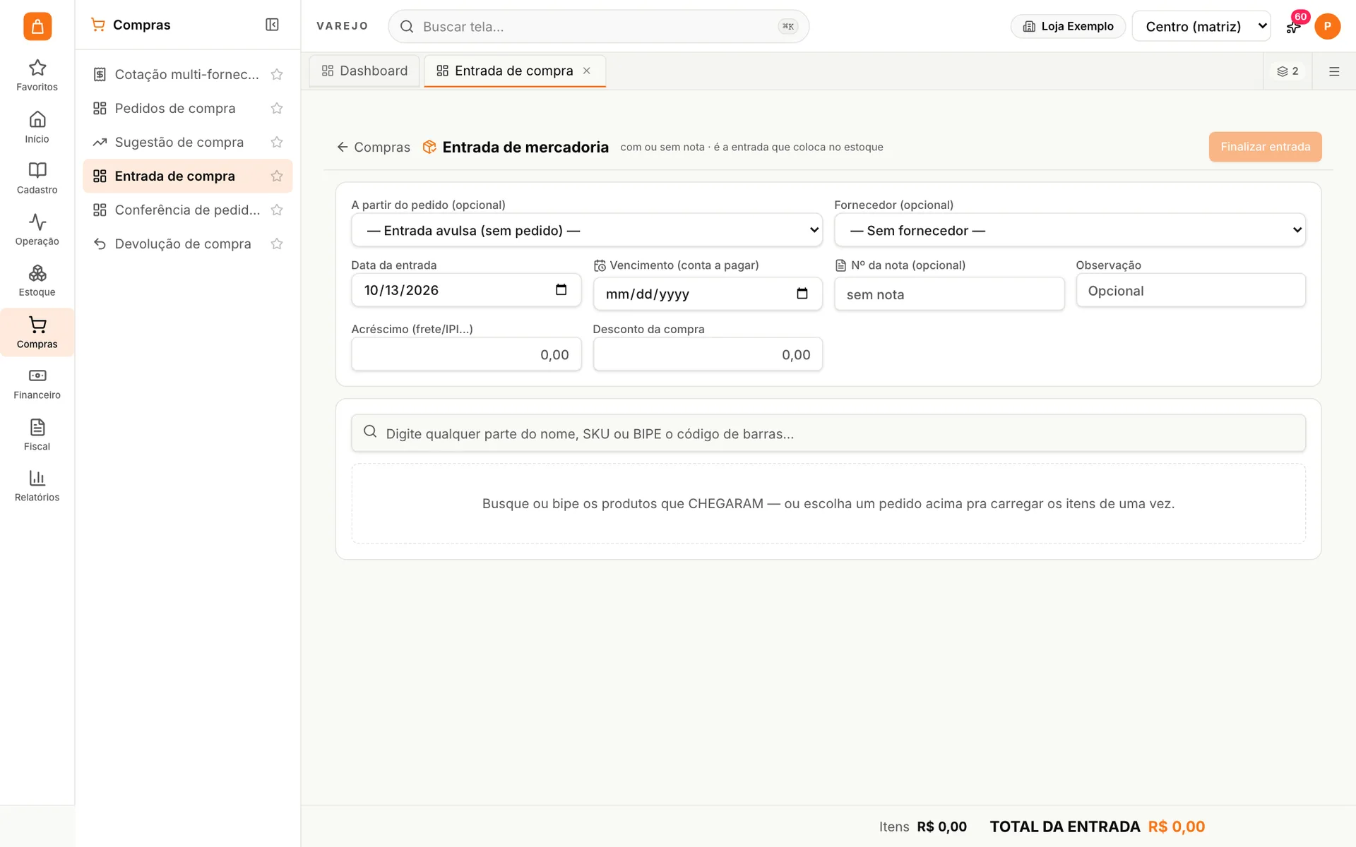 Entrada de mercadoria do udiVarejo, com ou sem nota, com pedido de compra, fornecedor, vencimento da conta a pagar e busca por código de barras