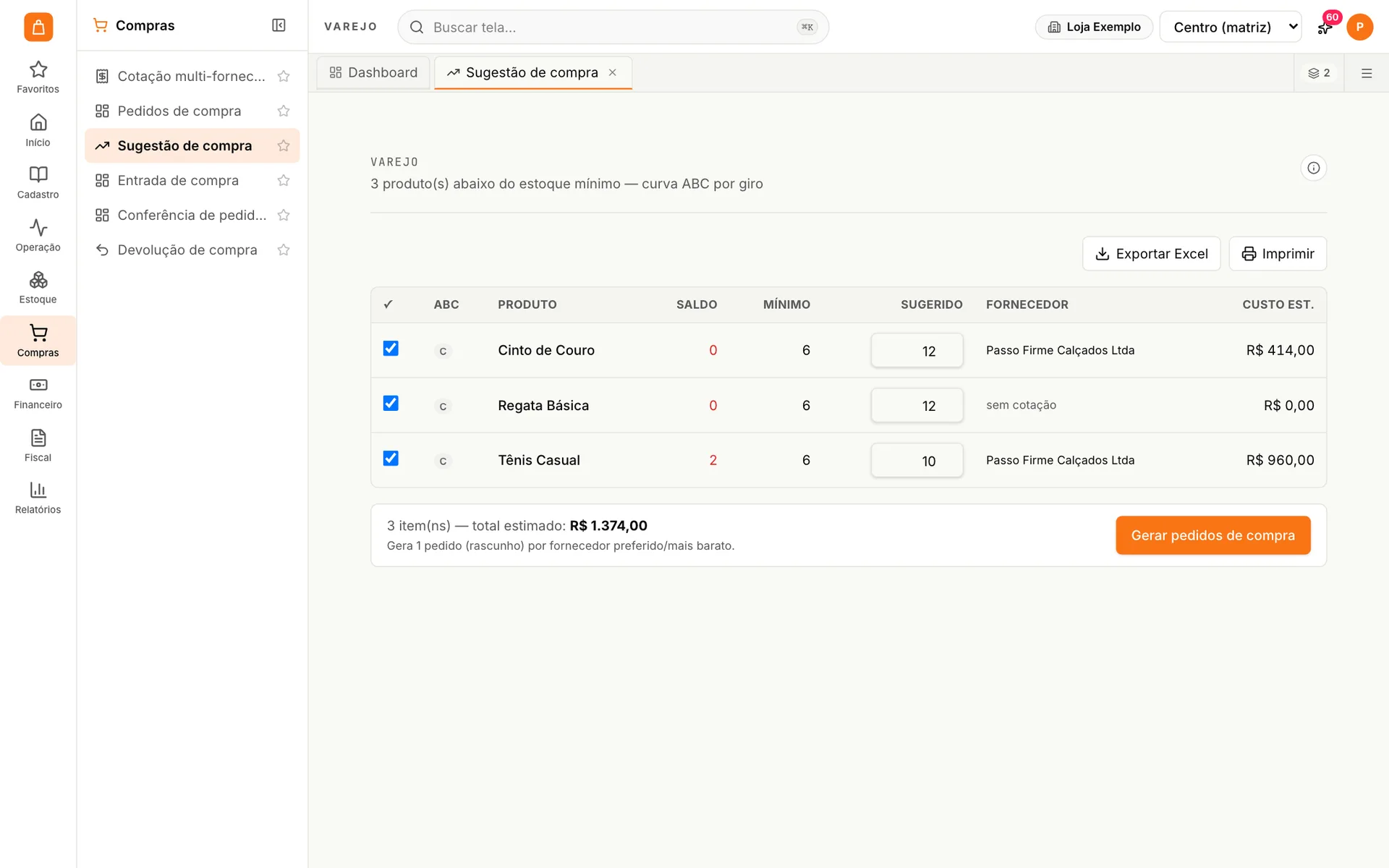 Sugestão de compra do udiVarejo com produtos abaixo do mínimo, curva ABC, quantidade sugerida, fornecedor e custo estimado