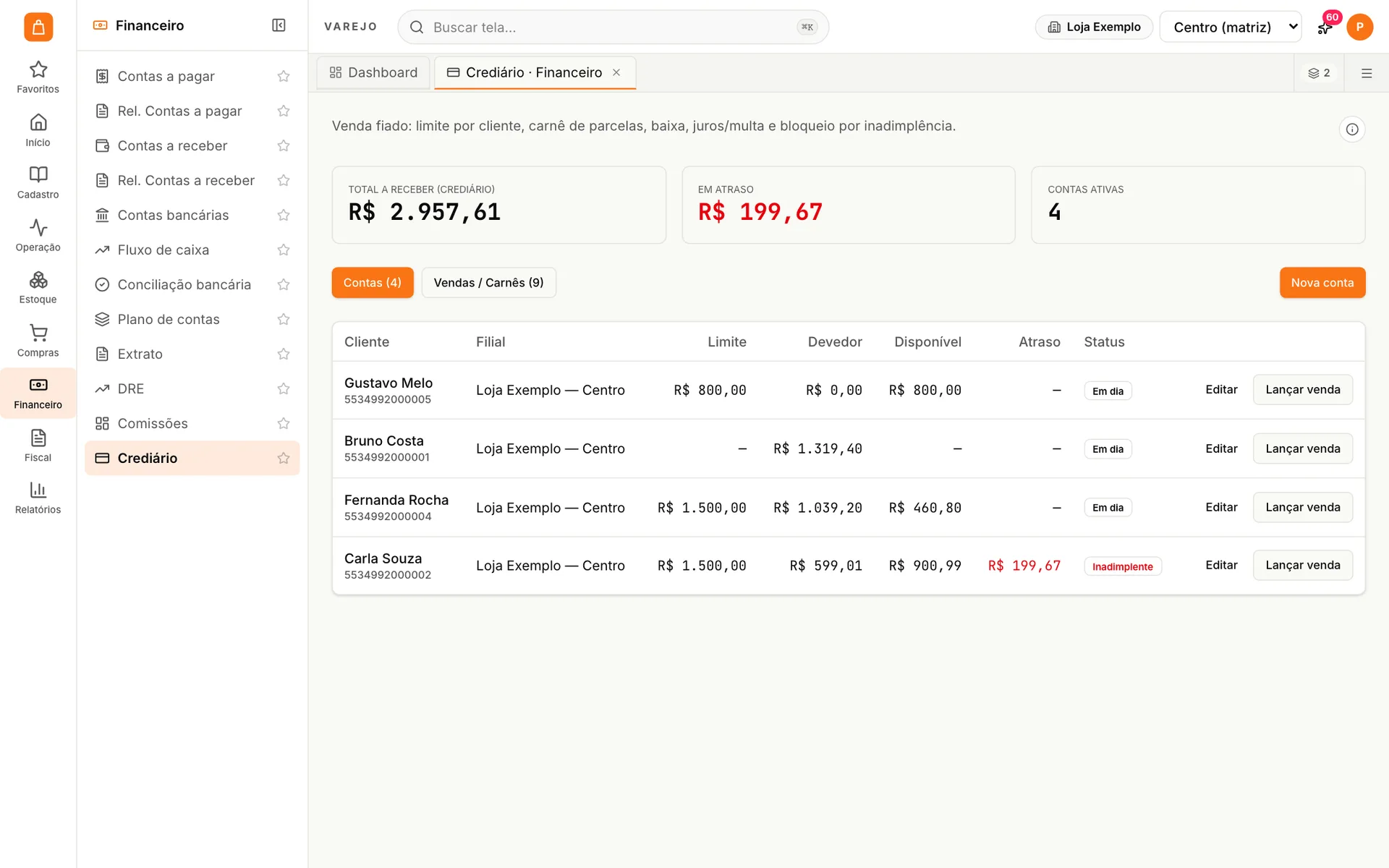Crediário do udiVarejo com total a receber, valor em atraso e contas de clientes com limite, saldo devedor, disponível e status em dia ou inadimplente