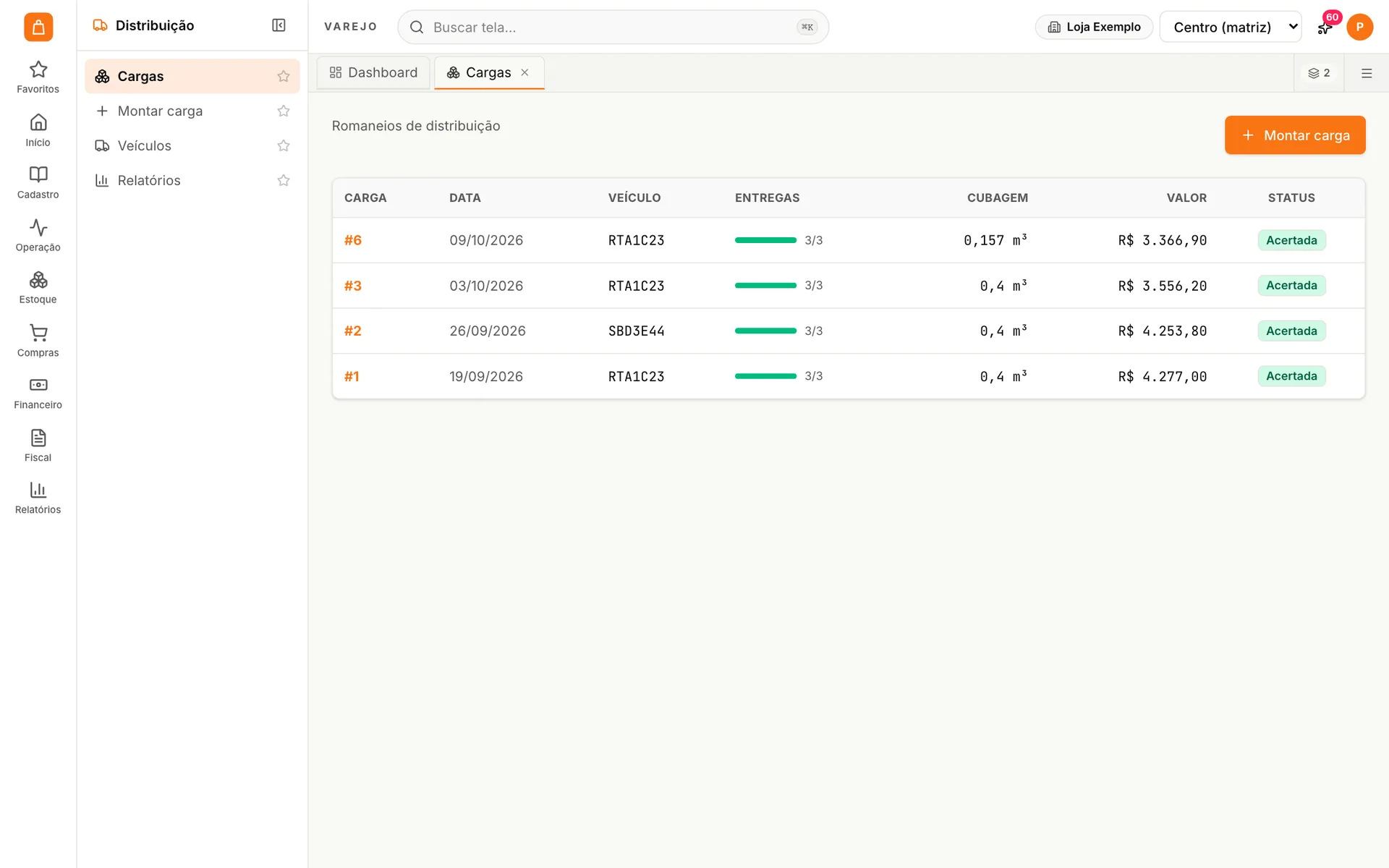 Lista de cargas do udiVarejo com data, veículo, entregas feitas, cubagem, valor e status
