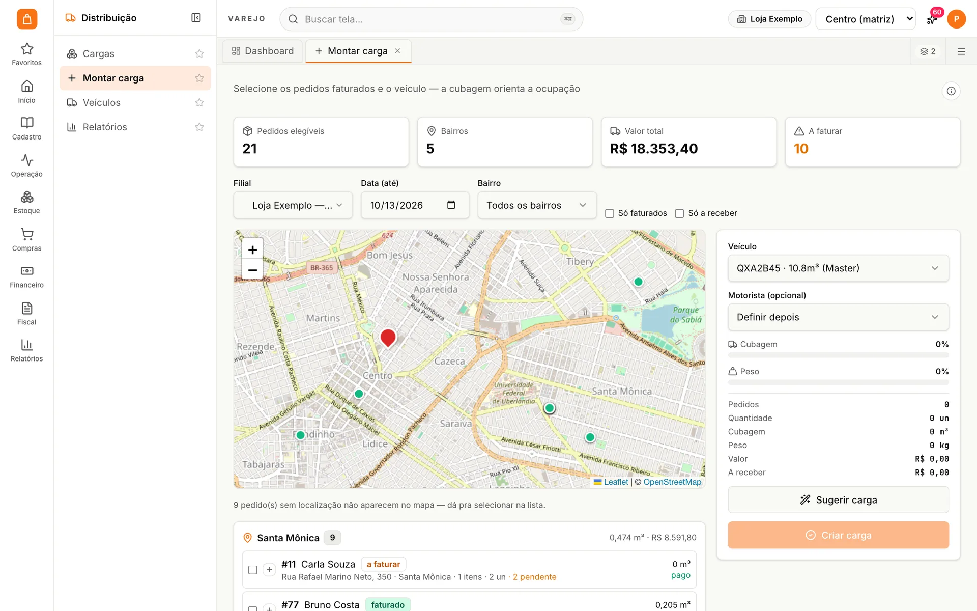 Montagem de carga do udiVarejo com pedidos no mapa por bairro, escolha do veículo e ocupação por cubagem e peso