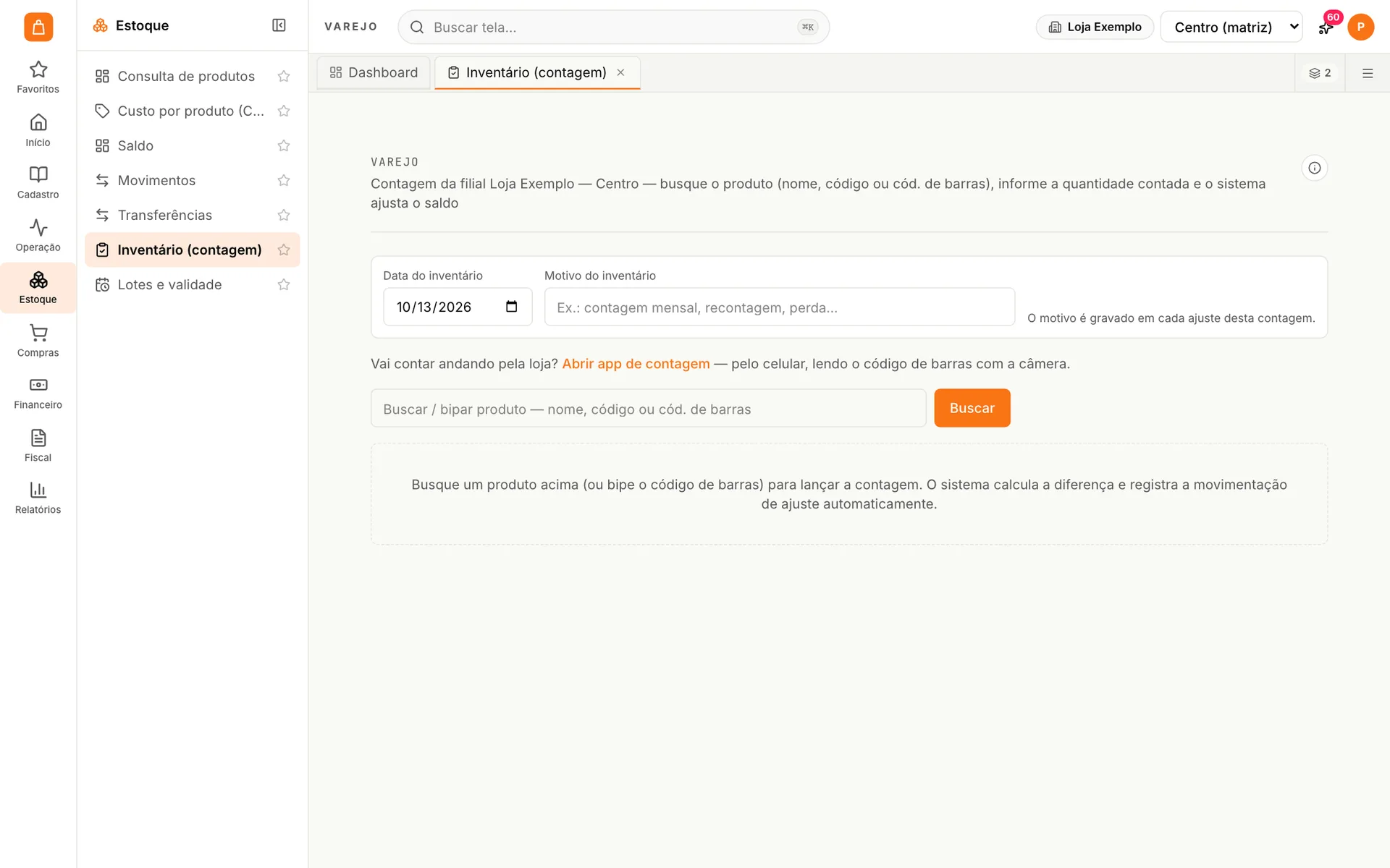 Inventário por contagem no udiVarejo com busca ou leitura do código de barras e atalho para o app de contagem no celular