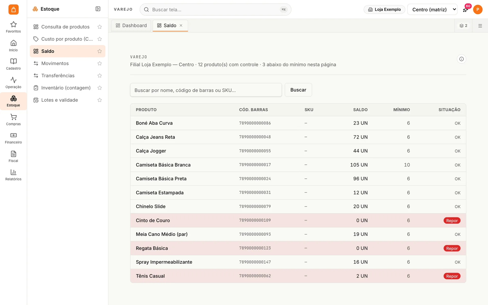 Saldo de estoque da filial no udiVarejo com código de barras, quantidade, estoque mínimo e produtos marcados para repor