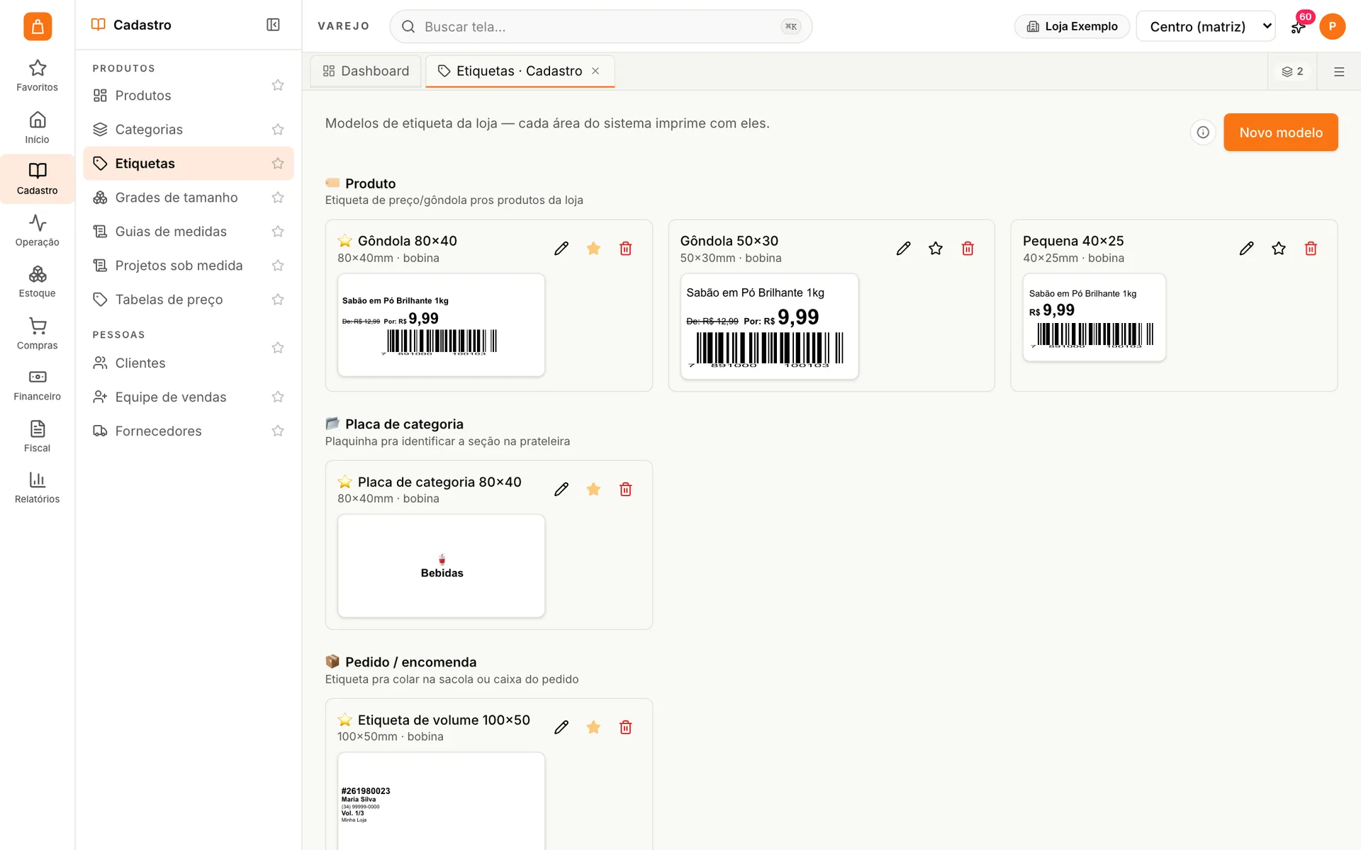 Modelos de etiqueta do udiVarejo com prévia de etiqueta de gôndola, placa de categoria e etiqueta de volume, com medida e tipo de papel