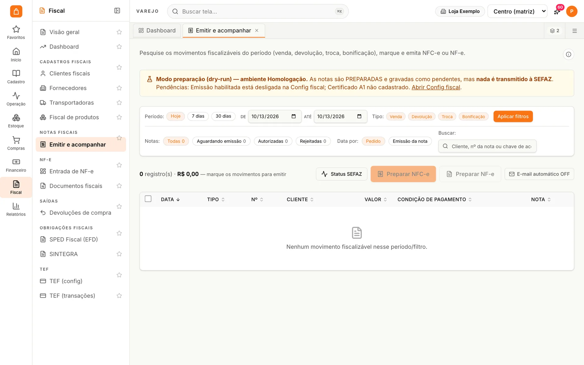 Tela Emitir e acompanhar do udiVarejo com filtros por período, tipo de movimento e situação da nota e botões para preparar NFC-e e NF-e