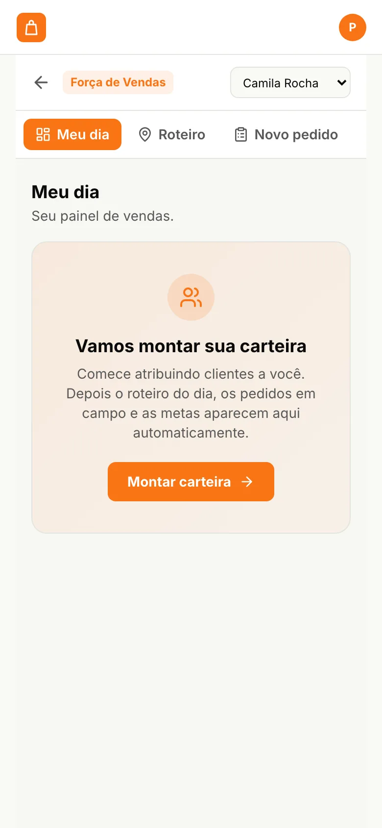 App do vendedor do udiVarejo no celular, na aba Meu dia, com o convite para montar a carteira de clientes