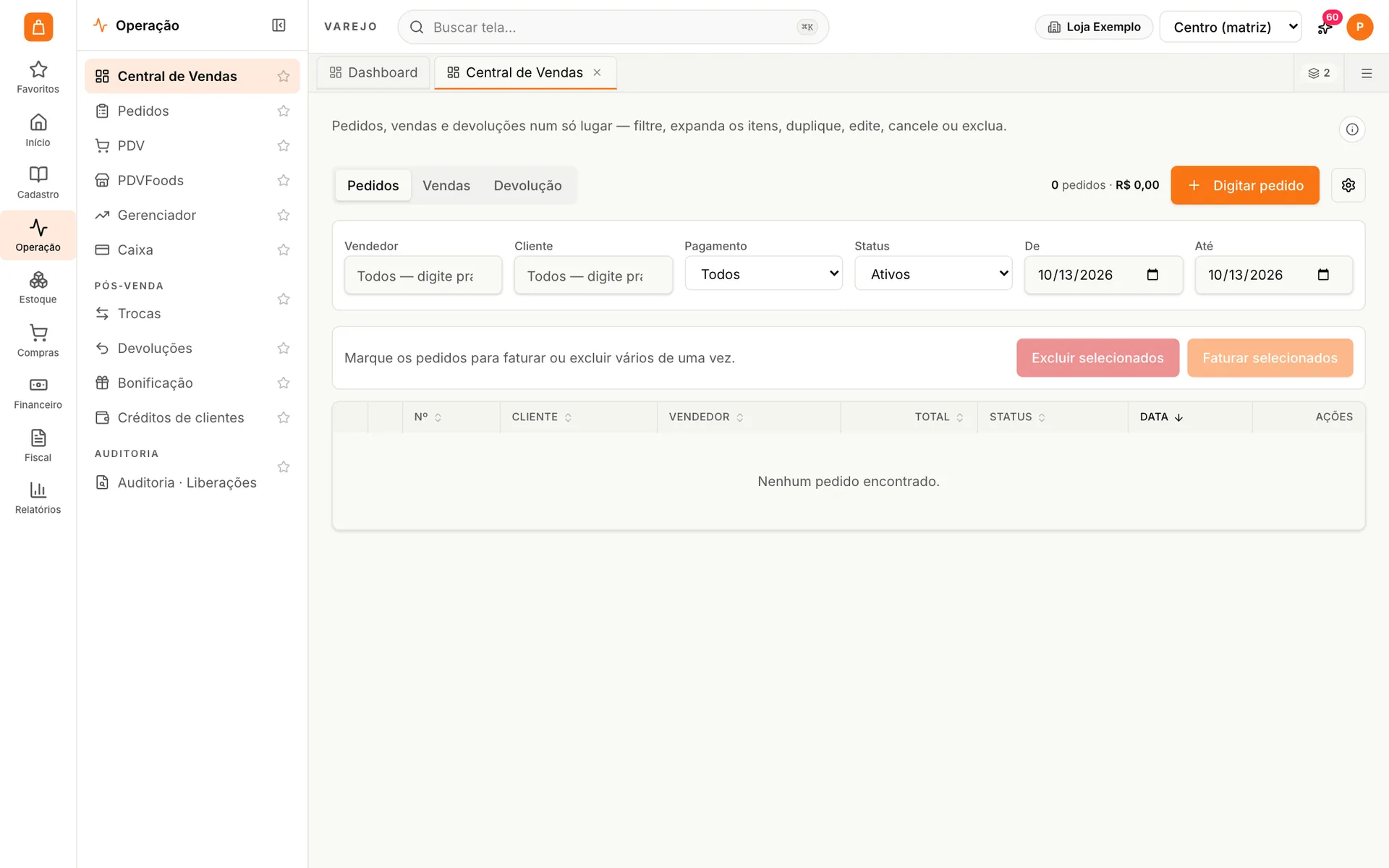 Central de Vendas do udiVarejo com abas de pedidos, vendas e devoluções e filtros por vendedor, cliente, pagamento, status e período