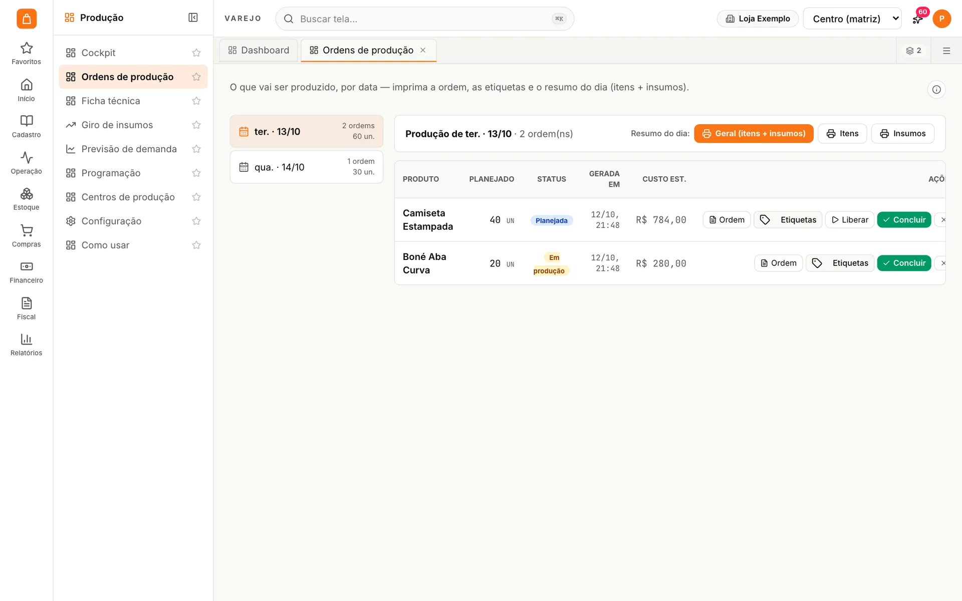 Ordens de produção do udiVarejo por dia com produto, quantidade planejada, status, custo estimado e impressão de ordem e etiquetas