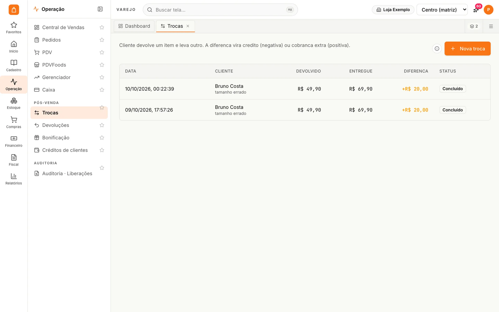 Histórico de trocas do udiVarejo com cliente, motivo, valor devolvido, valor entregue, diferença cobrada e status